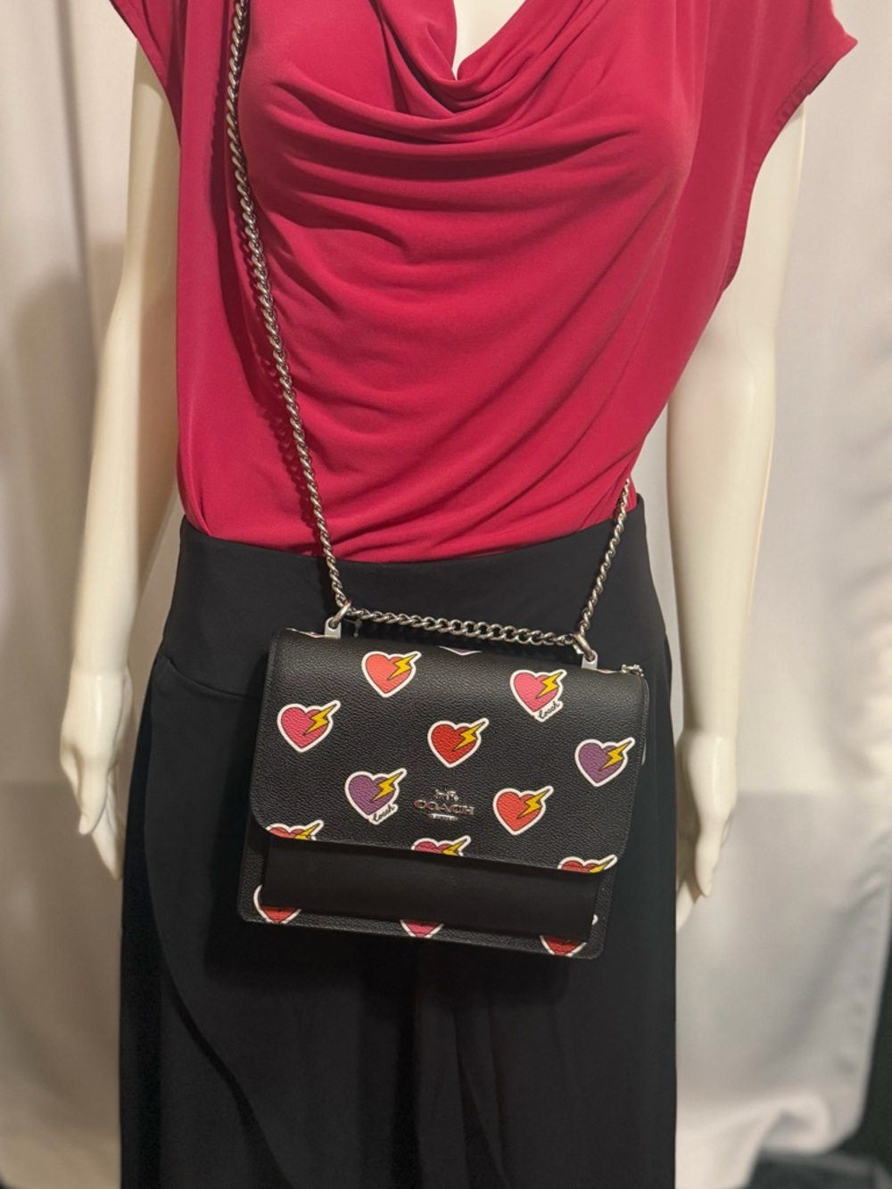 Coach Klare Crossbody With Heart Bolt Print Black Leather Chain Strap